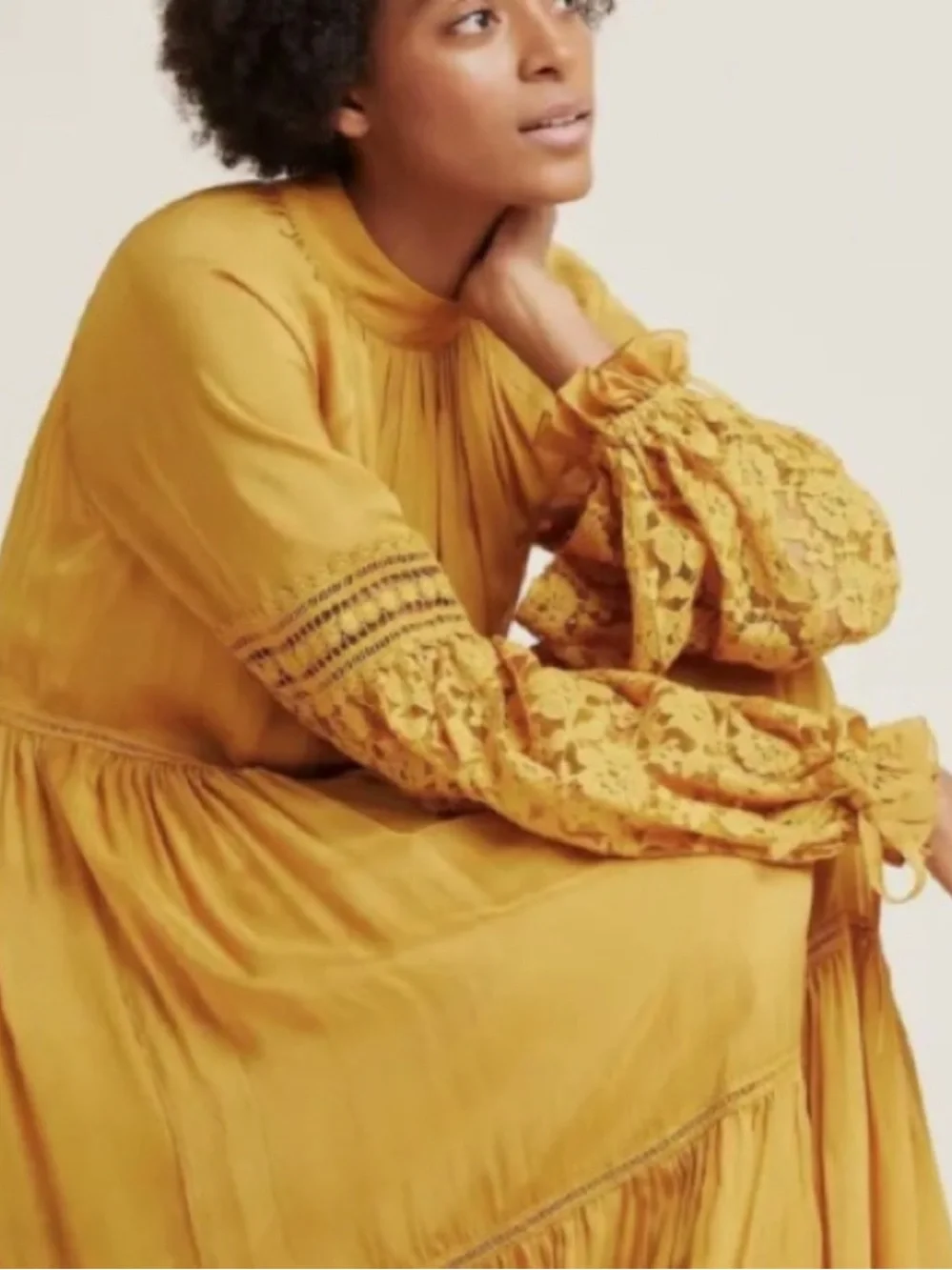 Anthropologie Atsu Aubriana Ruffled Mustard Yellow Lace-Sleeve Maxi Dress